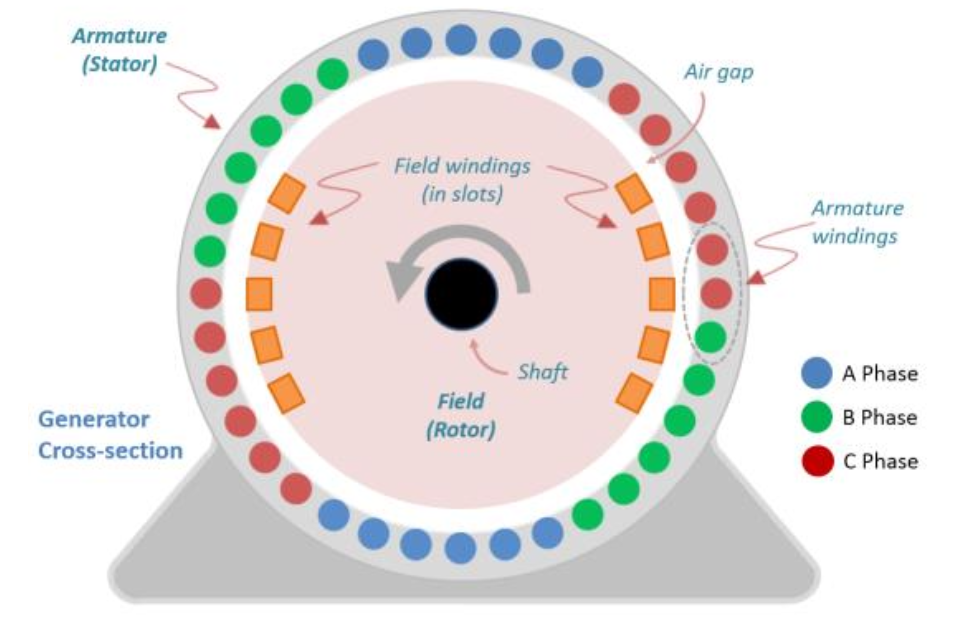Generator cross-section — cylindrical two-pole rotor