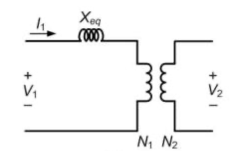 Transformer equivalent circuit: series reactance Xeq, turns ratio N1:N2, V1→V2